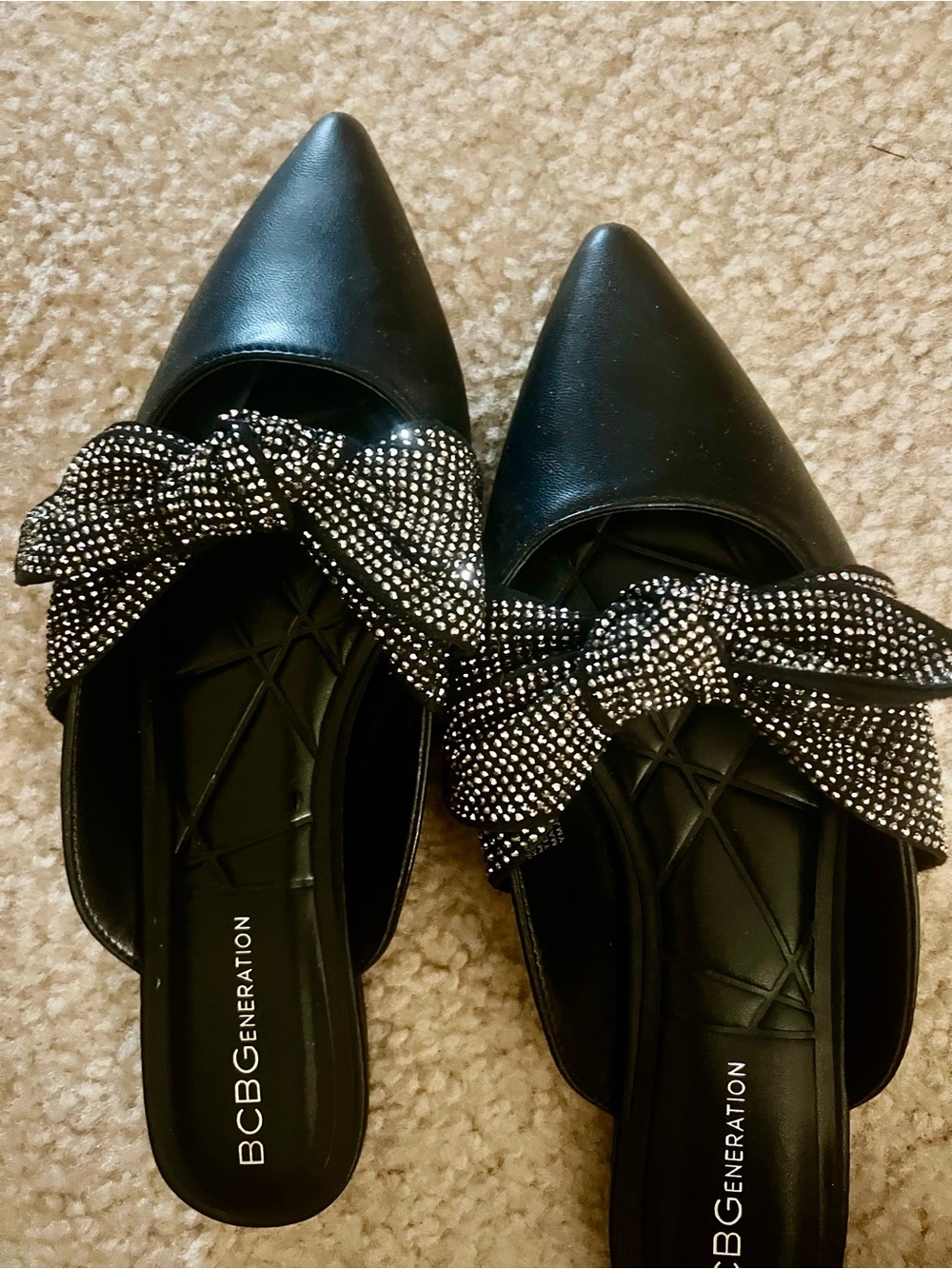 BCBGeneration Black Pointed Toe Mules with Rhinestone Bow